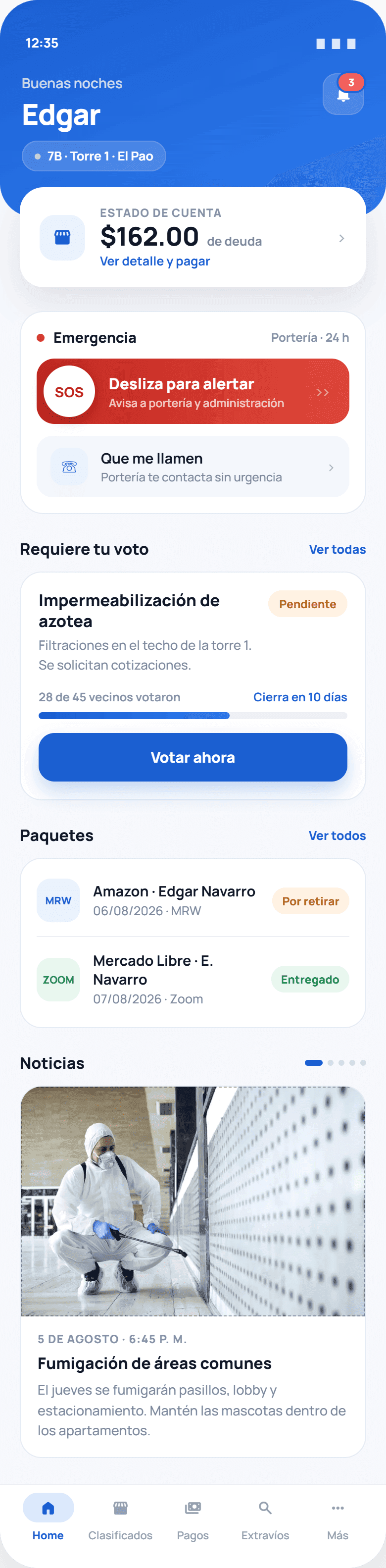Pantalla "Home" de la app Adminova